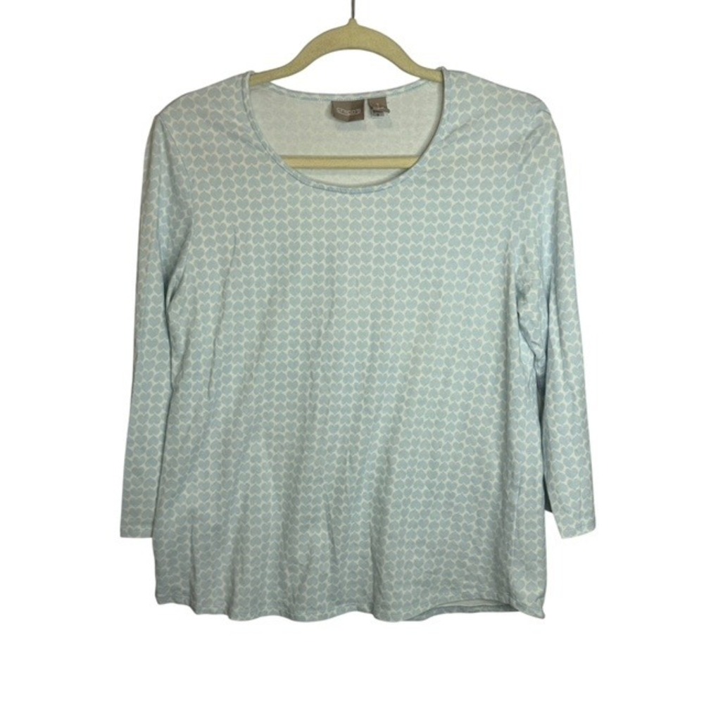 Chico's Blouse Women's Medium Blue Heart Print 3/4 Sleeve Casual Chicos 1